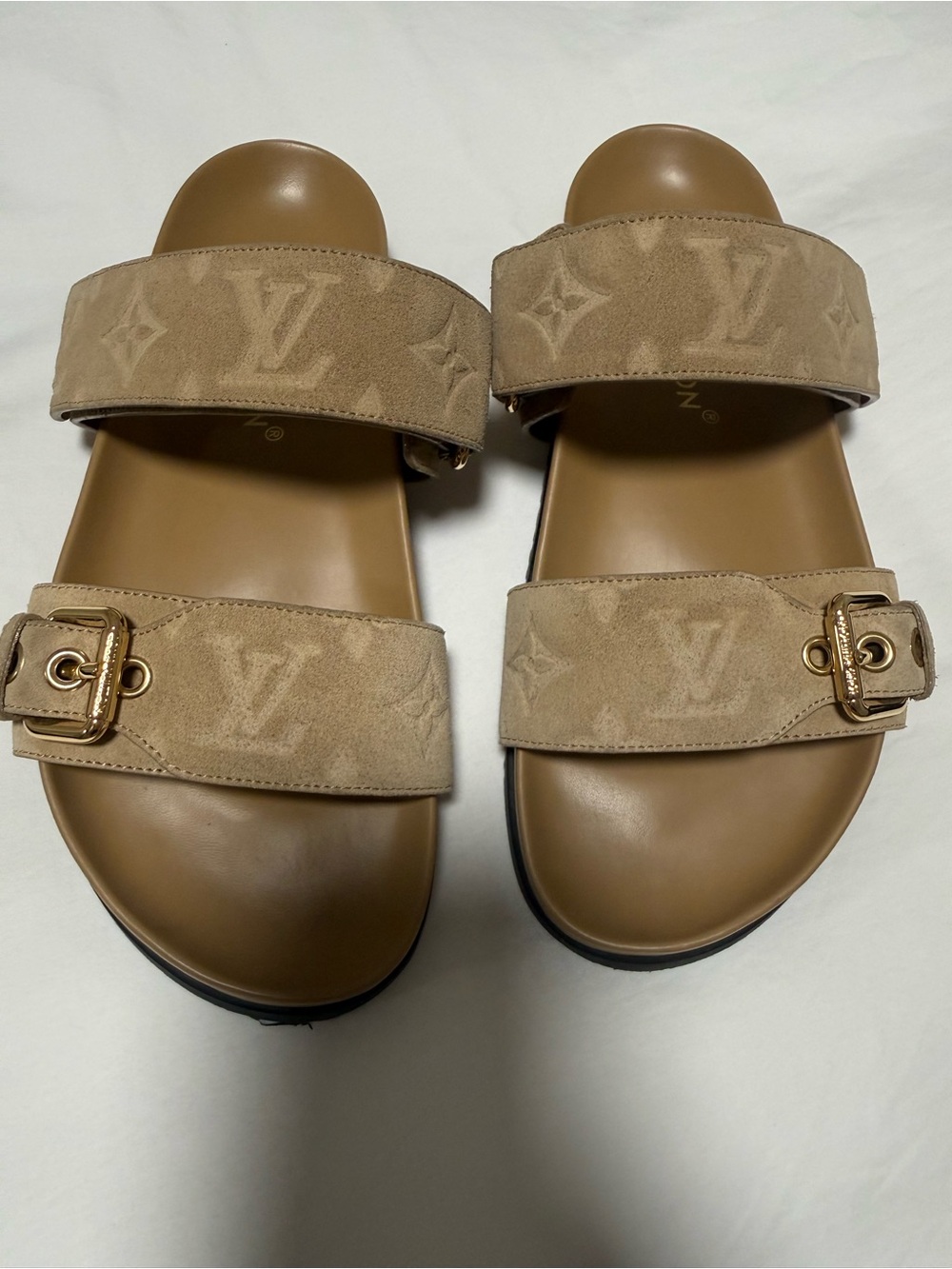 Louis Vuitton Tan Suede Monogram Buckle Slide Sandals - Women's